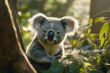 A koala resting on a tree branch in a lush, green environment.