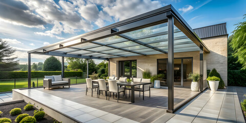 Naklejka premium Terrace canopy with clear glass roof, creating a modern and elegant outdoor space , Terrace, canopy, clear glass, roof,