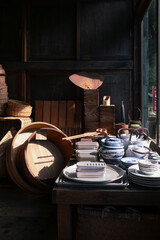 Old type Japanese utensils in the room with light and shadow effect 