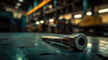 Close-up of a screwdriver in a warehouse, emphasizing the metallic texture and shine under harsh lighting. No logos or people, with a clear focal point.