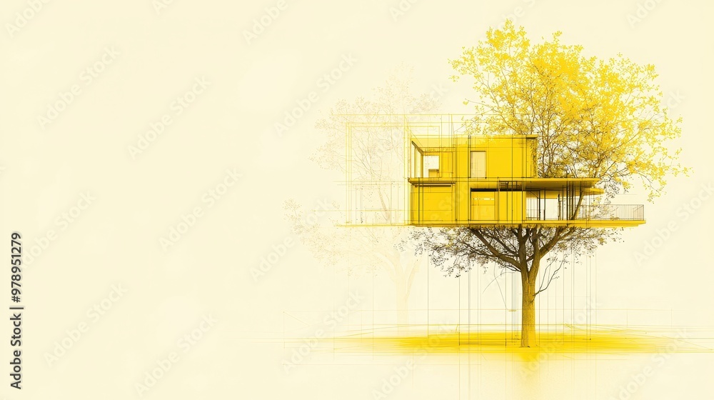 Poster modern treehouse architecture design sketch concept