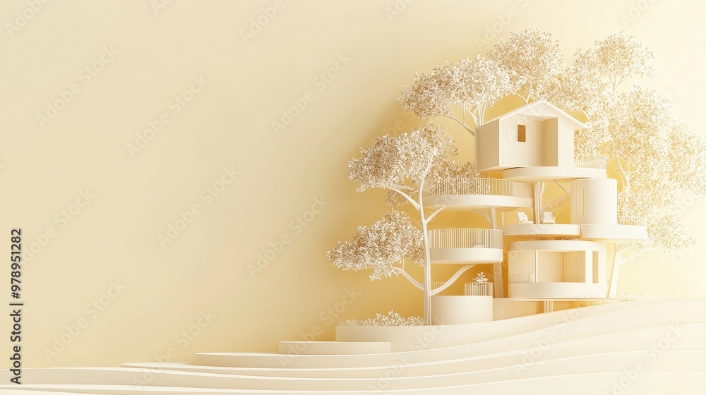 Aufkleber modern treehouse architecture design with lush greenery