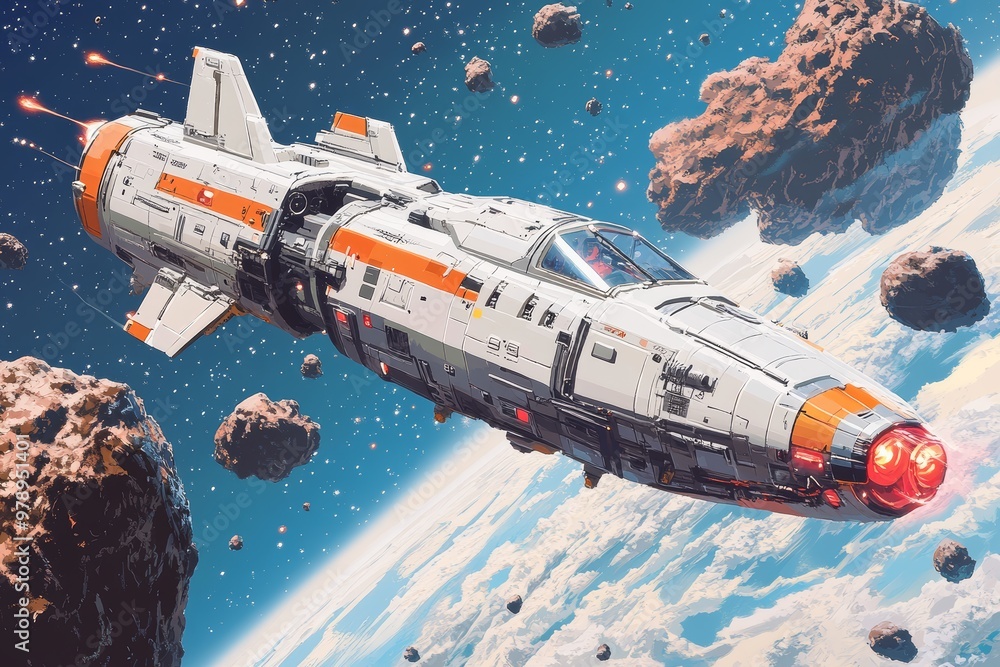 Wall mural spaceship flying through asteroid field near planet