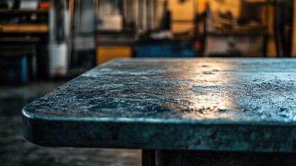 Close-up of a workbench in a warehouse, focusing on the rough metal surface and its gleam under industrial lighting. No logos or people included.