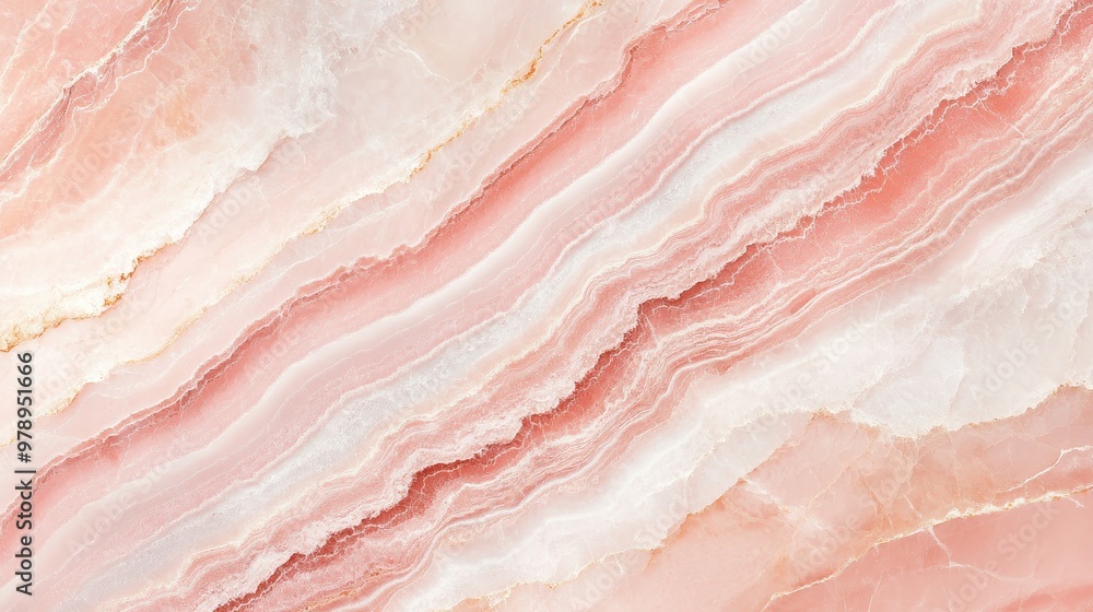Poster a close-up view of layered pink onyx stone with soft, flowing patterns.