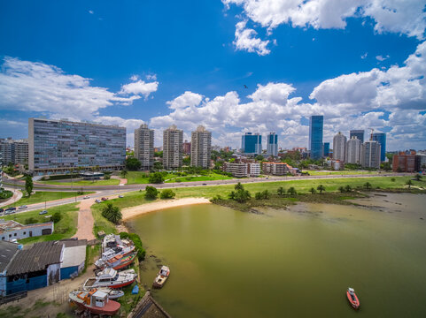 Aerial view of buceo beach and wtc montevideo with boats and skyline, montevideo, uruguay.