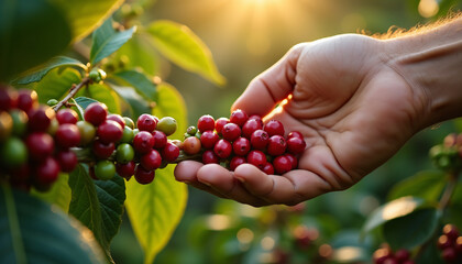 Hand holding fresh coffee beans