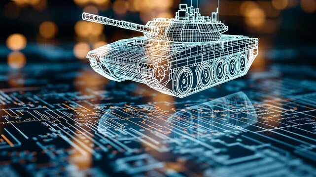 Futuristic holographic tank projection floating over digital circuit board, cybersecurity and military technology concept. Advanced warfare simulation depicting virtual reality training