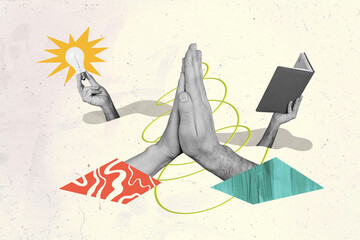 Creative collage human hands palms high five cooperation unity trust teamwork book reader lamp...