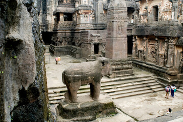 Aerial view of Tourists in Kailash temple at Ellora caves, Aurangabad, Maharashtra, India
