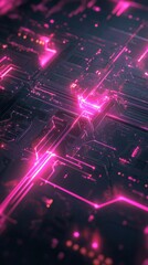 Glowing Pink Lines on a Dark Circuit Board