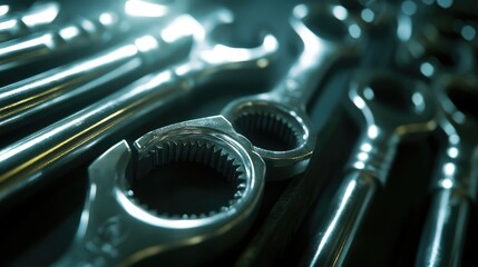 Close-up of wrenches in a warehouse, emphasizing the metallic texture and shine under harsh lighting. No logos or people, with a clear focal point.