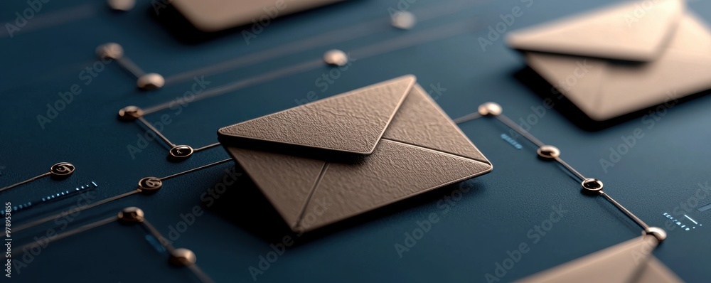 Poster elegant envelopes arranged on a dark surface, symbolizing communication and digital connection in mo