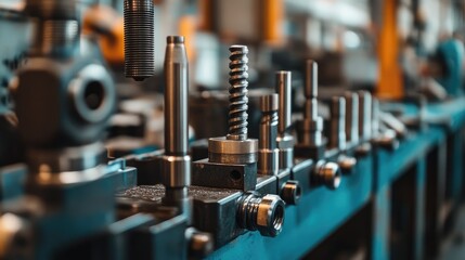 Cutting tools in a warehouse, close-up with the focus on the metal surfaces, polished and gleaming under industrial lighting. No people visible.