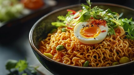 Fine Dining Instant Noodles in a Luxurious Restaurant with Elegant Plating and Gourmet Presentation 