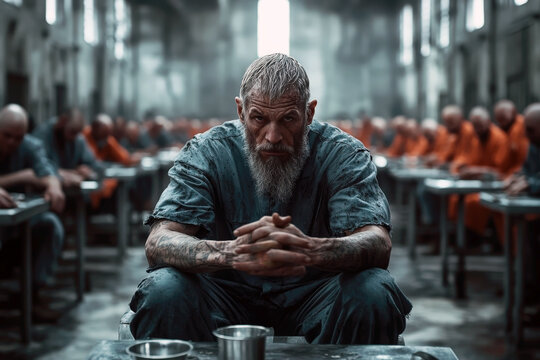 A tattooed inmate with a contemplative demeanor sits in the forefront of a crowded prison cafeteria, highlighting the contrast of solitude amidst the crowd in a high-security facility.