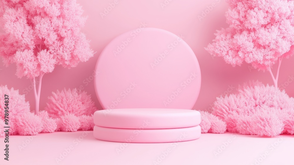 Poster pink product display stand with trees for mockup and presentation