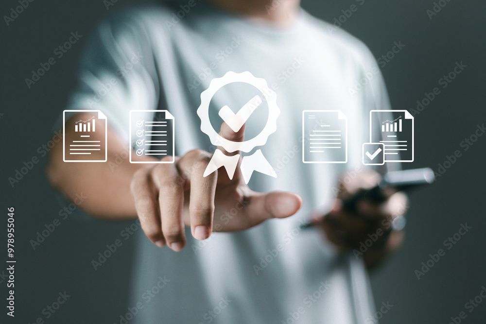 Poster quality control and quality guarantee process concept, person touching certificate icon on virtual s