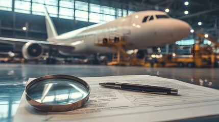 Fototapeta premium A magnifying glass and pen on a document with an airplane in the background.