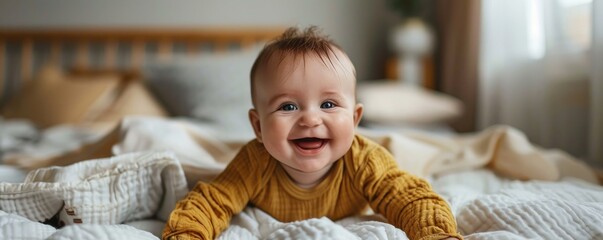 Fototapeta premium A joyful baby with big open eyes and a wide smile lying on a soft bed surrounded by blankets.