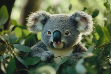 Fototapeta premium A cute koala peeking through lush green leaves in its natural habitat.