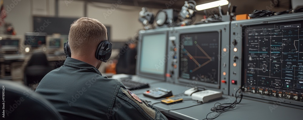 Poster a focused technician monitors data on multiple screens while wearing headphones in a high-tech contr
