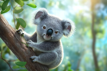 Fototapeta premium A cute koala clings to a tree branch in a lush, vibrant forest setting.