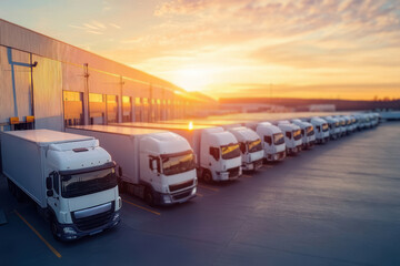 A row of white trucks parked outside a distribution warehouse with the sun rising in the background