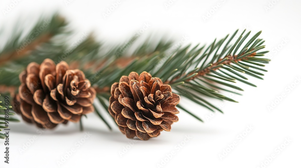 Poster Christmas Pine Branch. Close-up of Spruce Twig with Cones on White Background 