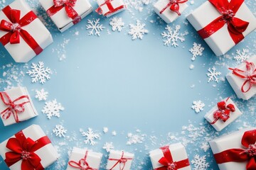 Naklejka premium Christmas gifts with red ribbons and snowflakes on a blue frame background