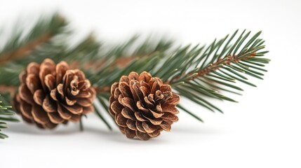 Fototapeta premium Christmas Pine Branch. Close-up of Spruce Twig with Cones on White Background 
