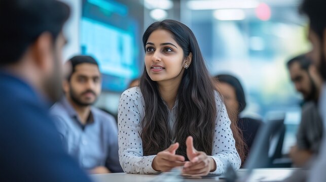 Portrait of a confident indian business woman in coversation with team members | Woman employee team meeting at office | People working together in office