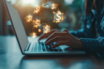 Hands typing on laptop with floating dollar symbols representing online earnings