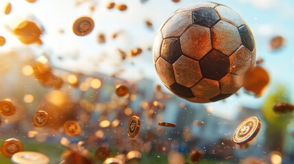 Soccer ball with golden coins raining down