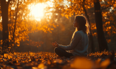 A woman meditating amidst vibrant fall foliage at sunset in a tranquil forest setting
