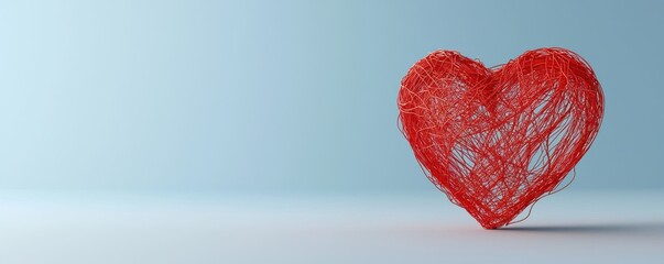 Fototapeta premium A vibrant red heart made of intricate strings, symbolizing love and passion against a soft, minimalistic background.