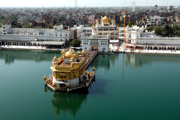 Aerial view of Sri Harimandir Darbar Sahib or Golden temple in Amritsar, Punjab, India