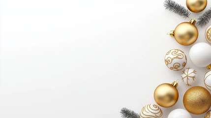 Gold and White Christmas Ornaments on White Background