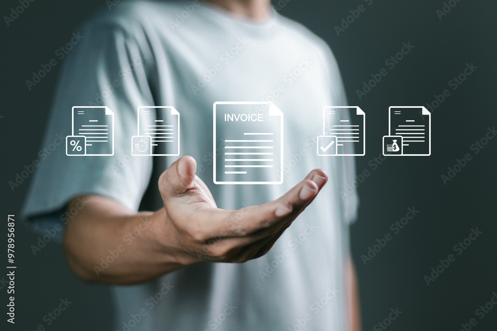 Poster e-invoice and online digital statements concept, person with invoice document on virtual screen.