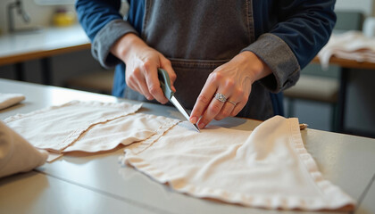 Obraz premium Woman cutting fabric with sharp scissors in a creative workshop