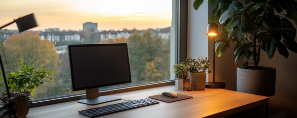 Bright and cozy home office workspace with a computer, plants, and a view of nature at sunset.
