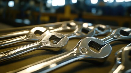 Fototapeta premium Wrenches close-up in a warehouse, the shiny metal and texture illuminated under industrial lights. No logos or people, with a focal point on the surface.