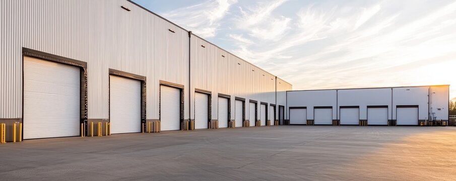 Modern warehouse exterior with multiple loading docks under a clear sky, perfect for logistics and distribution concepts.
