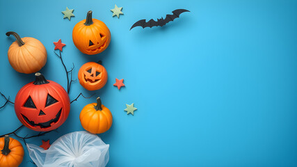 Halloween pumpkins and ghost decorations on blue backdrop, space for text. Generative AI