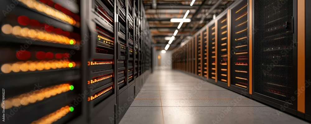 Poster a modern data center corridor with rows of servers, showcasing orange and black designs, ideal for t