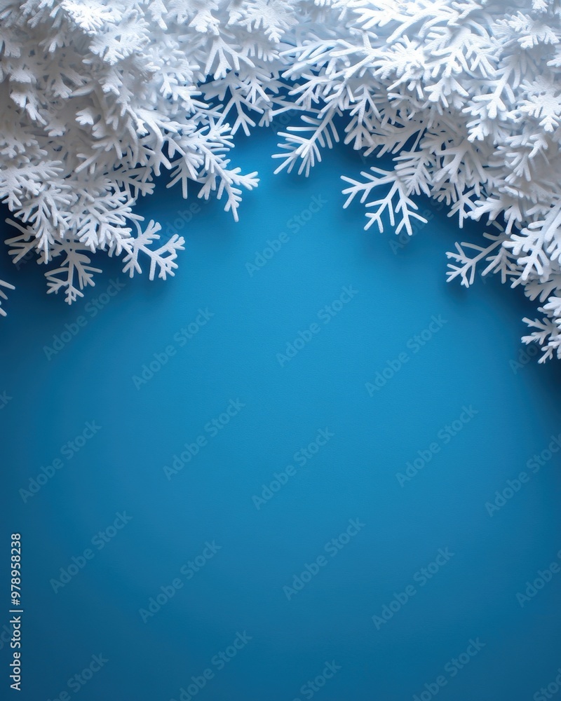 Poster a blue background with white snowflakes on it. the snowflakes are arranged in a way that they look l