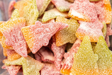 Assorted colorful gummy jelly candies. Top view. Jelly sweets.