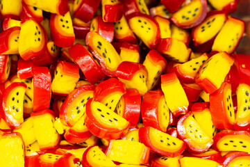 Assorted colorful gummy jelly candies. Top view. Jelly sweets.