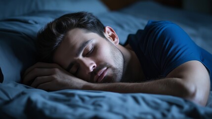 A man is sleeping in her bed at night.