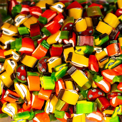 Assorted colorful gummy jelly candies. Top view. Jelly sweets.